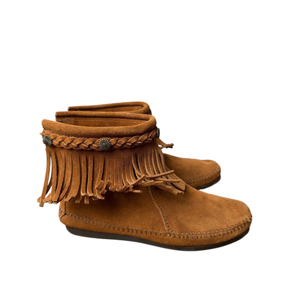 Minnetonka Brown Suede Fringe Moccasin Ankle Boots Zip Closure Women Size 7 - Picture 5 of 9